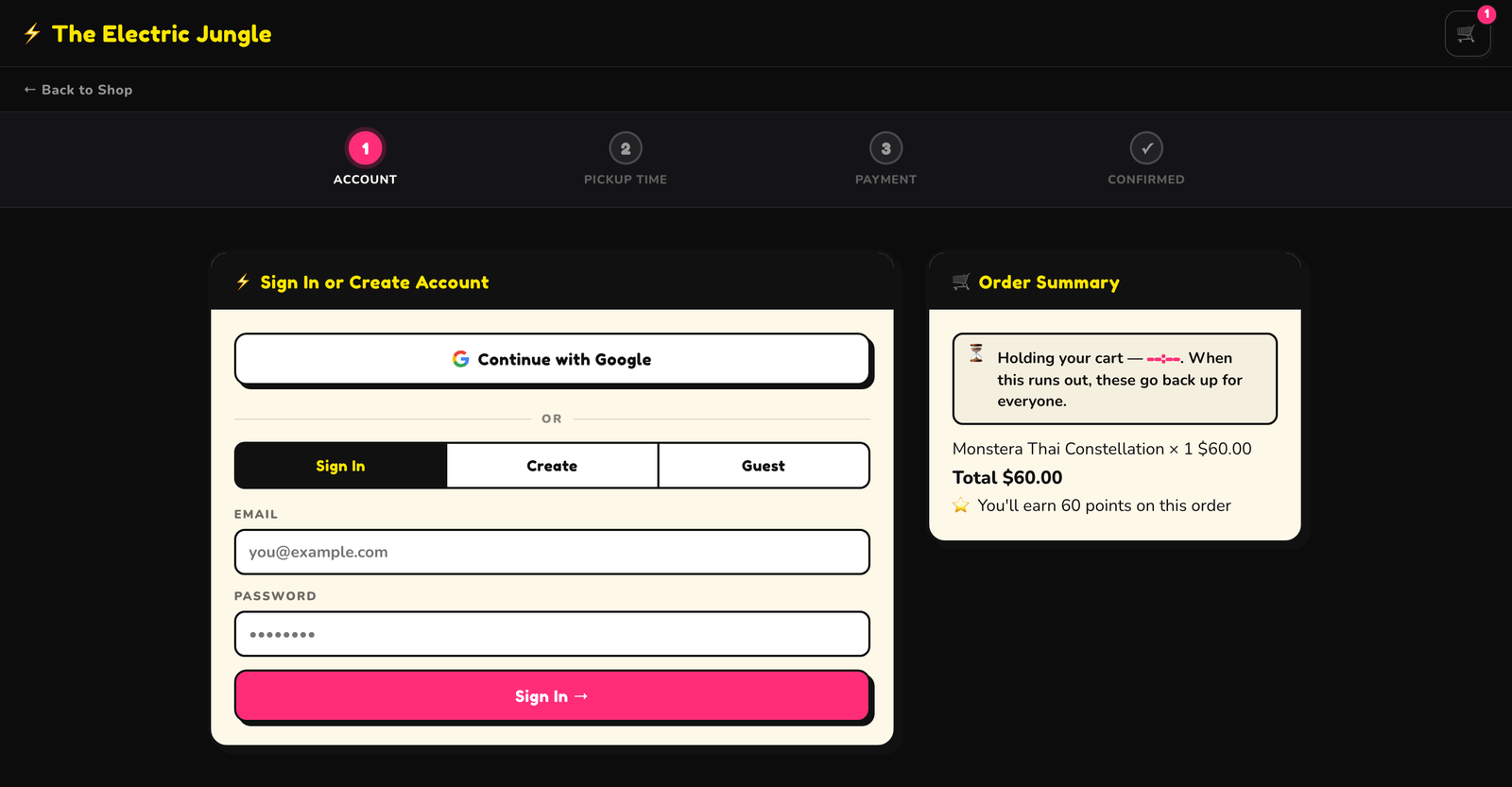 Secure checkout with sign-in, guest option, order summary, and points earned
