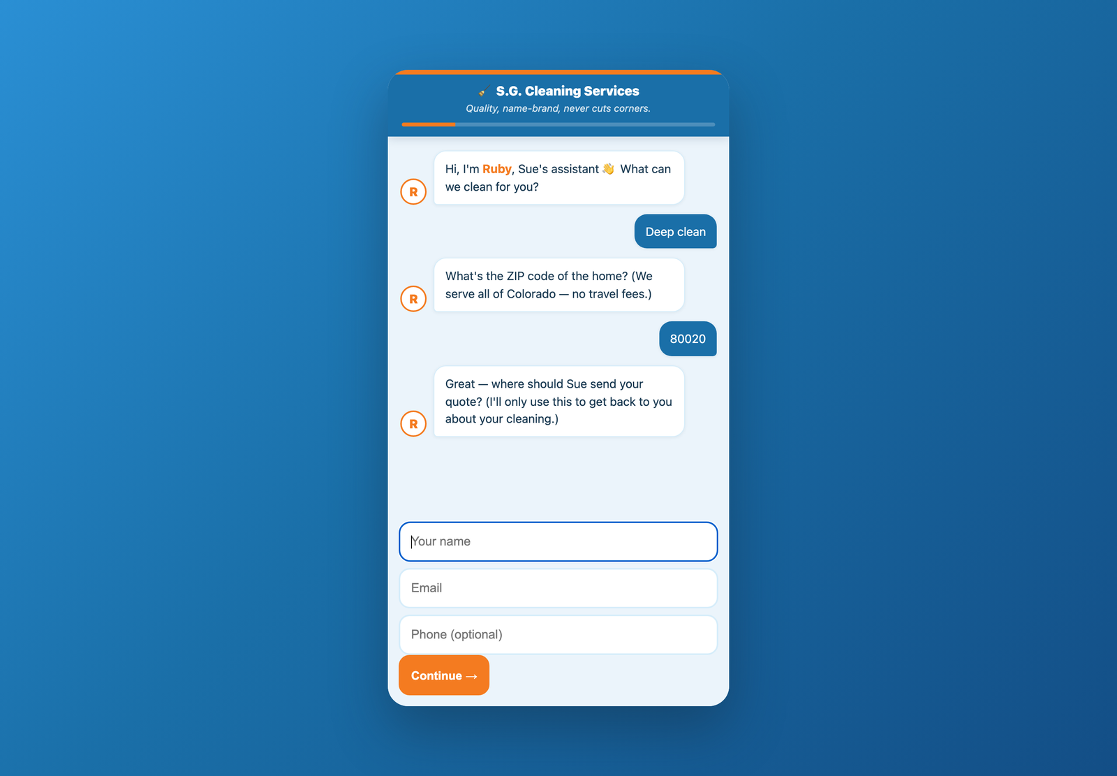 Ruby conversational quote chatbot collecting service type and ZIP to generate a price
