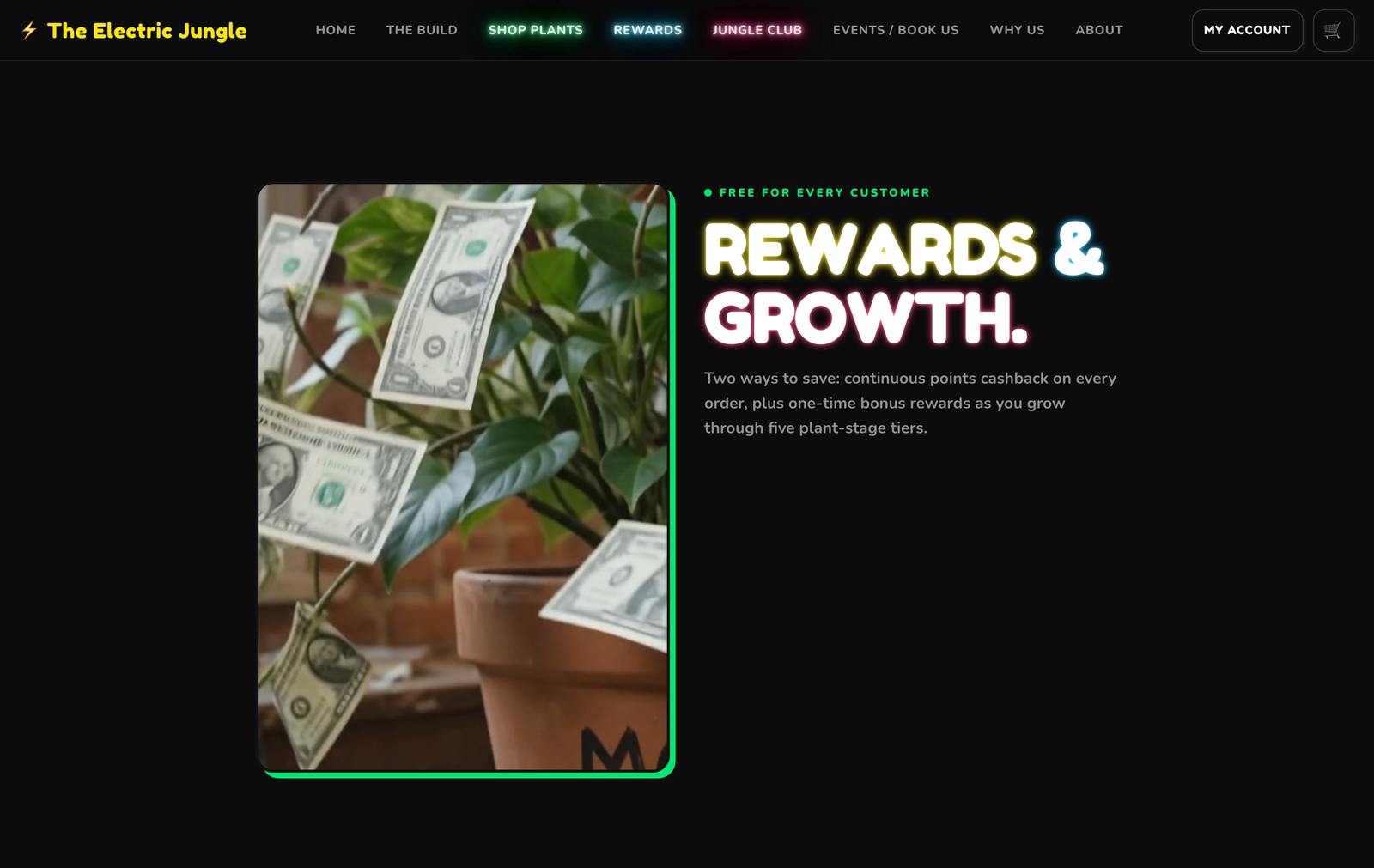 Rewards and loyalty program page explaining points and growth tiers