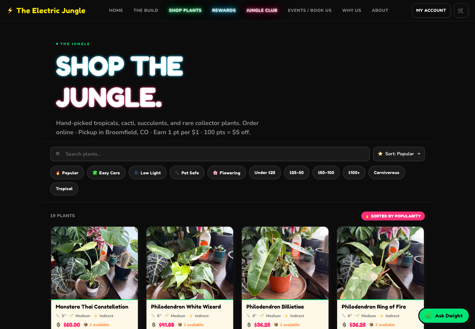 The Electric Jungle online plant store with search, filters, and product grid