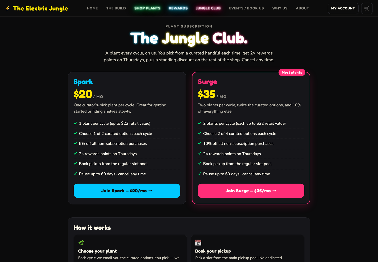 Jungle Club subscription page with two monthly membership tiers